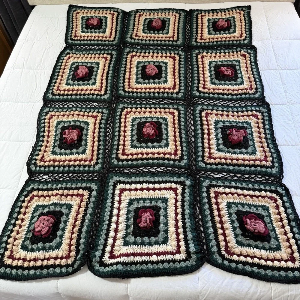 Hand Crocheted Granny Square Afghan Throw Blanket Floral 70